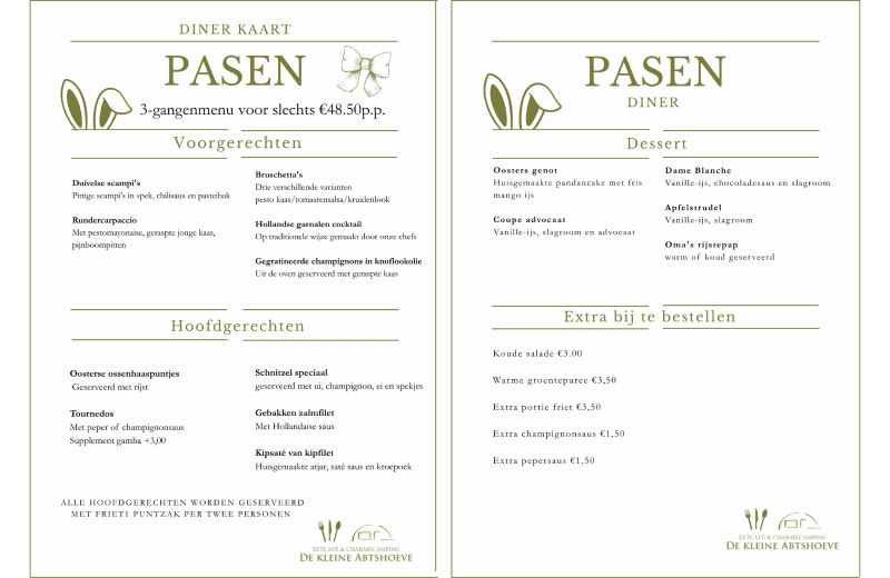 Pasen diner menu restaurant kleine abtshoeve